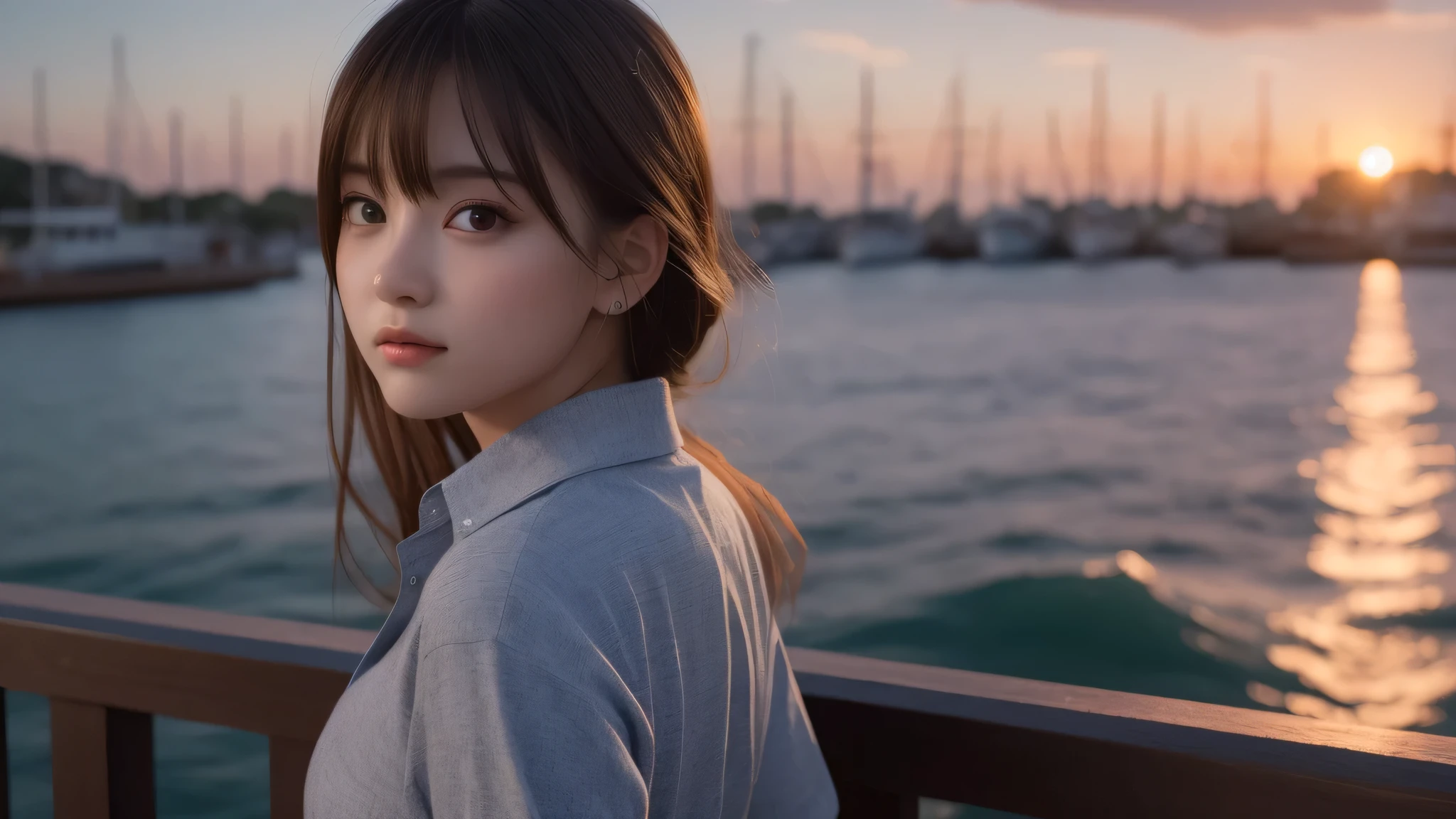 1girl, (kawaii face:1.2), (button shirt:1.2), cleavage, (Best Quality:1.4), Realistic, extremely detailed CG unified 8k wallpaper, highly detailed, High-definition raw color photos, professional photography, Realistic portrait, Beautiful detailed, Close up portrait of girl, Outdoors, harbor, sea, Beautiful sunset, illumination, (looking back:1.3), (Fine face:1.2),