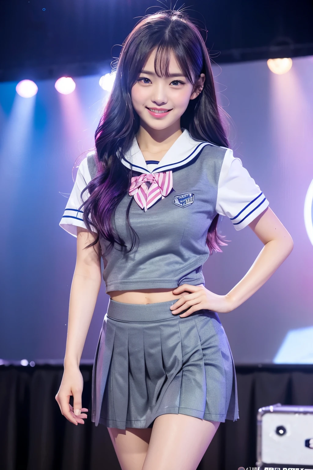 (8k), (highest quality: 1.2), (Realistic), (Realistic: 1.37), Ultra-high resolution, 1 girl, cute, (Embarrassed smile:1.2), (Blushing:1.4)Mouth closed, Beautiful details, Beautiful Nose, Wet Hair,pink and blue gradation color hair, white background,Giant Dulcefo, pork, Thighs,Navel exposed,sailor suit, dark gray collar, white shirts, short sleeve, school, dark gray skirt, Pleated skirt,Dancing on the school stage,(Shiny Thighs:1.2),Medium Shot