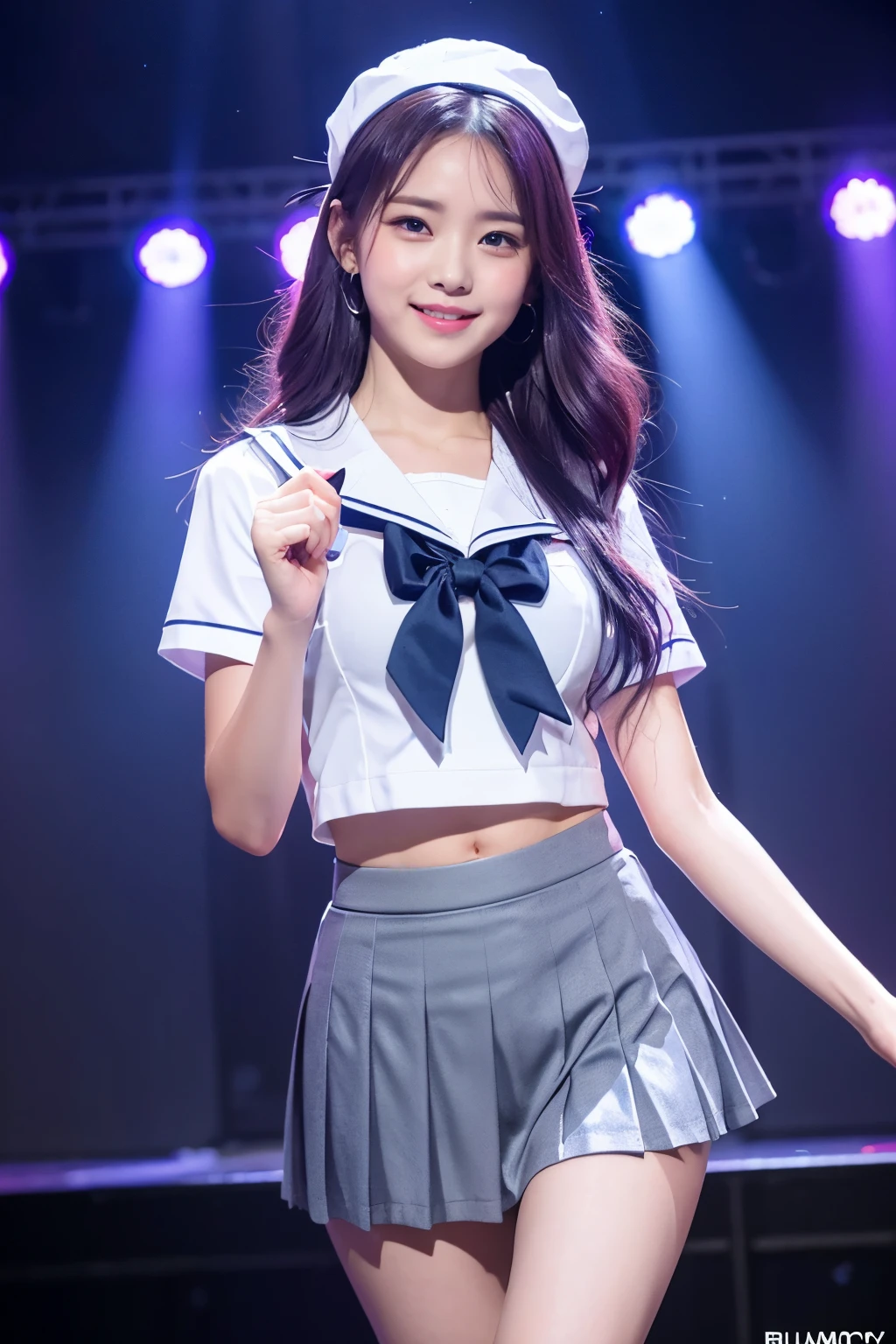 (8k), (highest quality: 1.2), (Realistic), (Realistic: 1.37), Ultra-high resolution, 1 girl, cute, (Embarrassed smile:1.2), (Blushing:1.4)Mouth closed, Beautiful details, Beautiful Nose, Wet Hair,pink and blue gradation color hair, white background,Giant Dulcefo, pork, Thighs,Navel exposed,sailor suit, dark gray collar, white shirts, short sleeve, school, dark gray skirt, Pleated skirt,Dancing on the school stage,(Shiny Thighs:1.2),Medium Shot