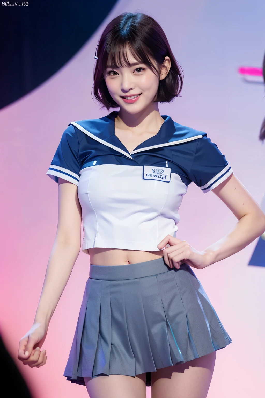 (8k), (highest quality: 1.2), (Realistic), (Realistic: 1.37), Ultra-high resolution, 1 girl, cute, (Embarrassed smile:1.2), (Blushing:1.4)Mouth closed, Beautiful details, Beautiful Nose, short bob Hair,pink and blue gradation color hair, white background,Giant Dulcefo, pork, Thighs,Navel exposed,sailor suit, dark gray collar, white shirts, short sleeve, school, dark gray skirt, Pleated skirt,Dancing on the school stage,(Shiny Thighs:1.2),Medium Shot