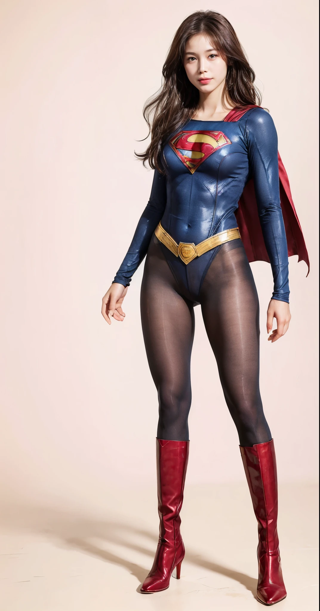 No background、(((Beautiful legs in black tights.)))、(((Legally express the beauty of your smile)))、((((Make the most of your original images)))、(((Supergirl Costume)))、(((Beautiful hairstyle)))、(((suffering)))、(((Please wear black tights....、Wear red boots)))、((Best image quality、8k))、((highest quality、8k、masterpiece:1.3))、(((Preserve background )))、Sharp focus:1.2、Beautiful woman with perfect figure:1.4、Slim Abs:1.2、Wet body:1.5、Highly detailed face and skin texture、8k