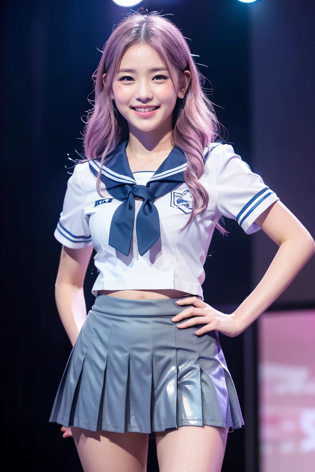 (8k), (highest quality: 1.2), (Realistic), (Realistic: 1.37), Ultra-high resolution, 1 girl, cute, (Embarrassed smile:1.2), (Blushing:1.4)Mouth closed, Beautiful details, Beautiful Nose, Wet,pink and blue gradation color hair, white background,Giant Dulcefo, pork, Thighs,Navel exposed,sailor suit, dark gray collar, white shirts, short sleeve, school, dark gray skirt, Pleated skirt,Dancing on the school stage,(Shiny Thighs:1.3), shiny legs,Medium Shot