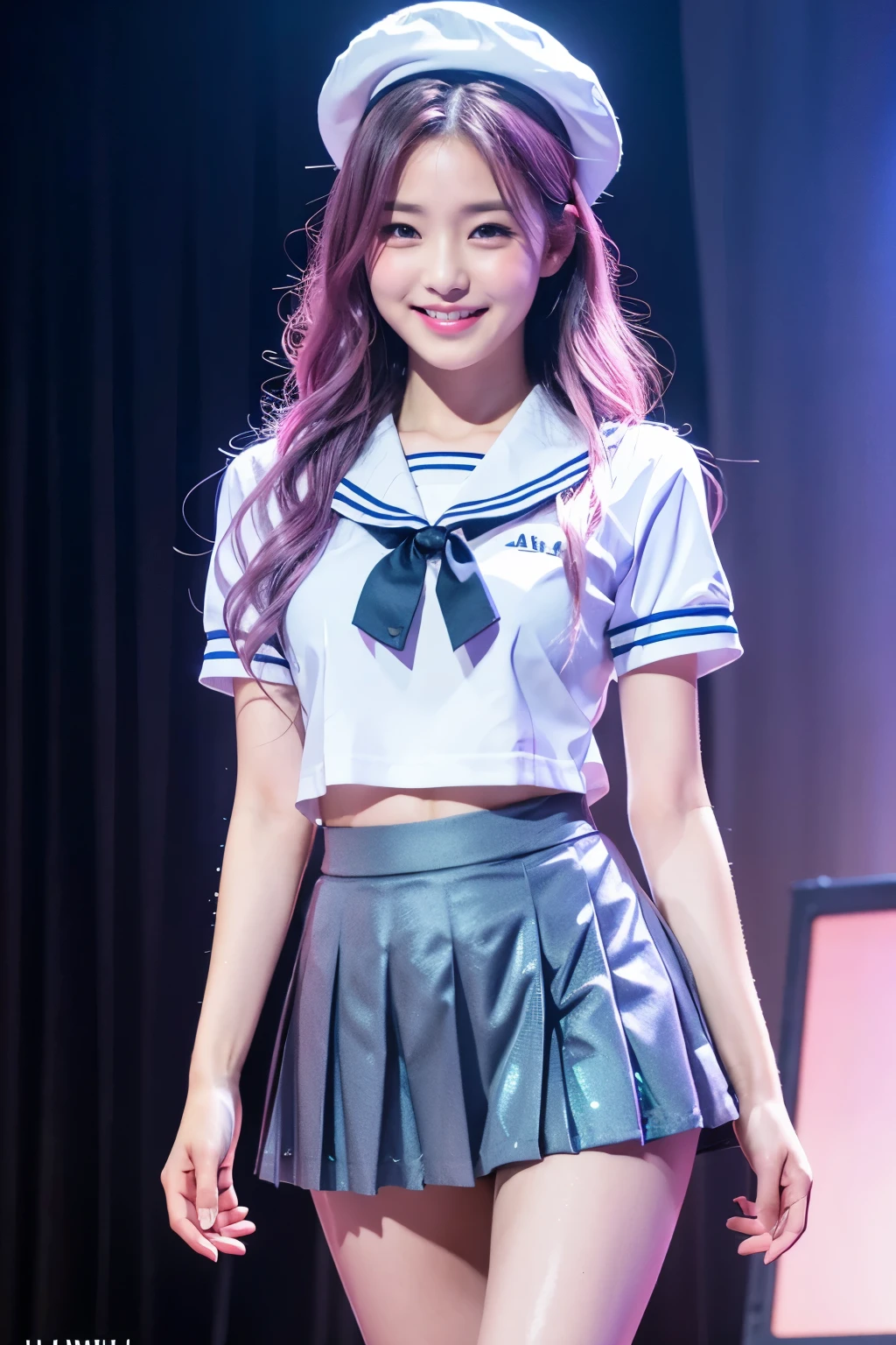 (8k), (highest quality: 1.2), (Realistic), (Realistic: 1.37), Ultra-high resolution, 1 girl, cute, (Embarrassed smile:1.2), (Blushing:1.4)Mouth closed, Beautiful details, Beautiful Nose, Wet,pink and blue gradation color hair, white background,Giant Dulcefo, pork, Thighs,Navel exposed,sailor suit, dark gray collar, white shirts, short sleeve, school, dark gray skirt, Pleated skirt,Dancing on the school stage,(Shiny Thighs:1.3), shiny legs,Medium Shot