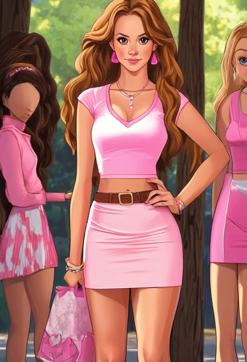 Beautiful woman，golden brown hair，Light pink miniskirt，Fitted low-cut top，Dark woods in the background, ((mean girls:1.5))