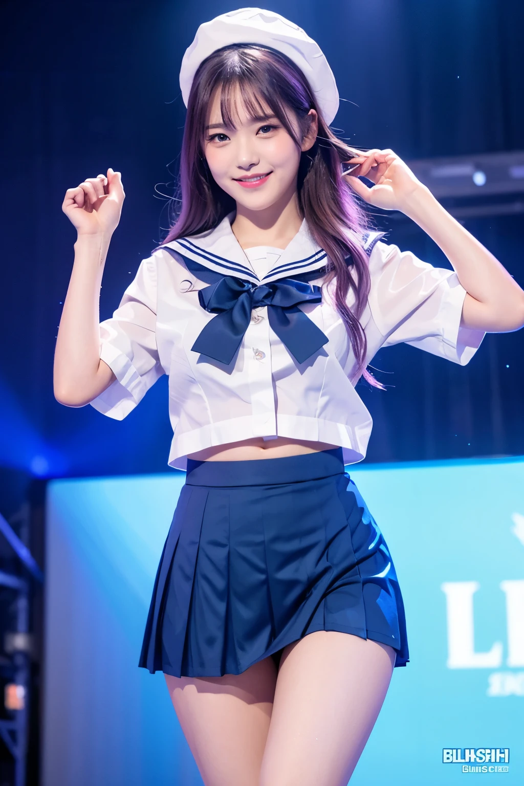 (8k), (highest quality: 1.2), (Realistic), (Realistic: 1.37), Ultra-high resolution, 1 girl, cute, (Embarrassed smile:1.2), (Blushing:1.4)Mouth closed, Beautiful details, Beautiful Nose, Wet,pink and blue gradation color hair, white background,Giant Dulcefo, pork,Thick thighs,Navel exposed,sailor suit, dark gray collar, (white shirts:1.2), short sleeve, school, dark blue skirt, Pleated skirt,Dancing on the school stage,(Shiny Thighs:1.3), shiny legs,Medium Shot