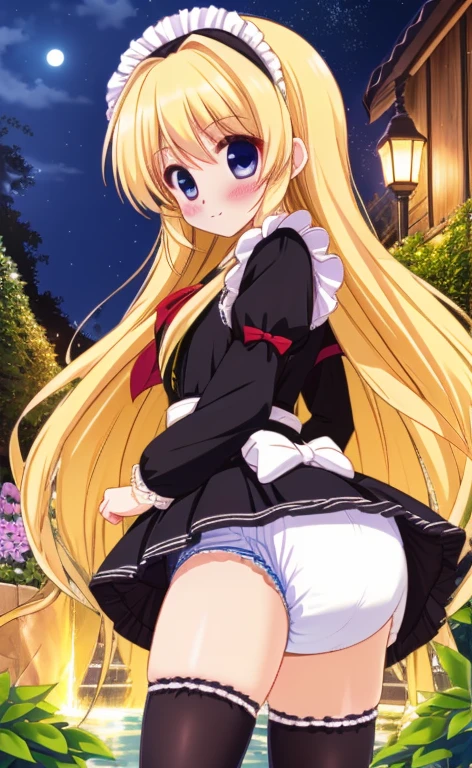 Beautiful long blonde Embarrassing Girl in black maid outfit Long sleeve Long skirt diaper Garden at Night Watery eye Skirt lifted