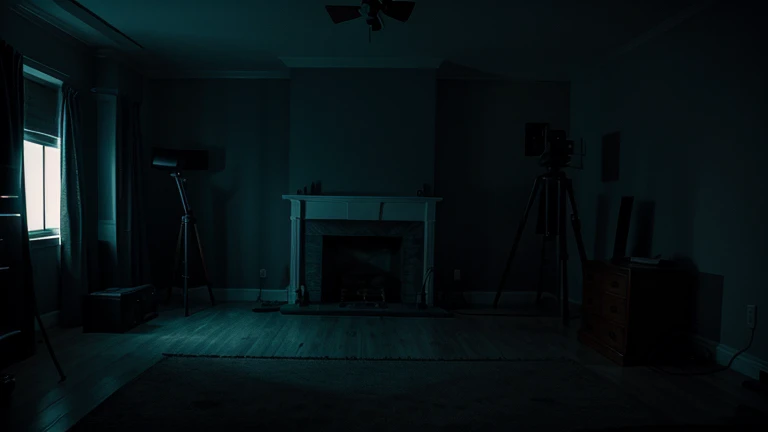 a tripod camera, dimly lit room, found footage style, paranormal, midnight, mysterious atmosphere