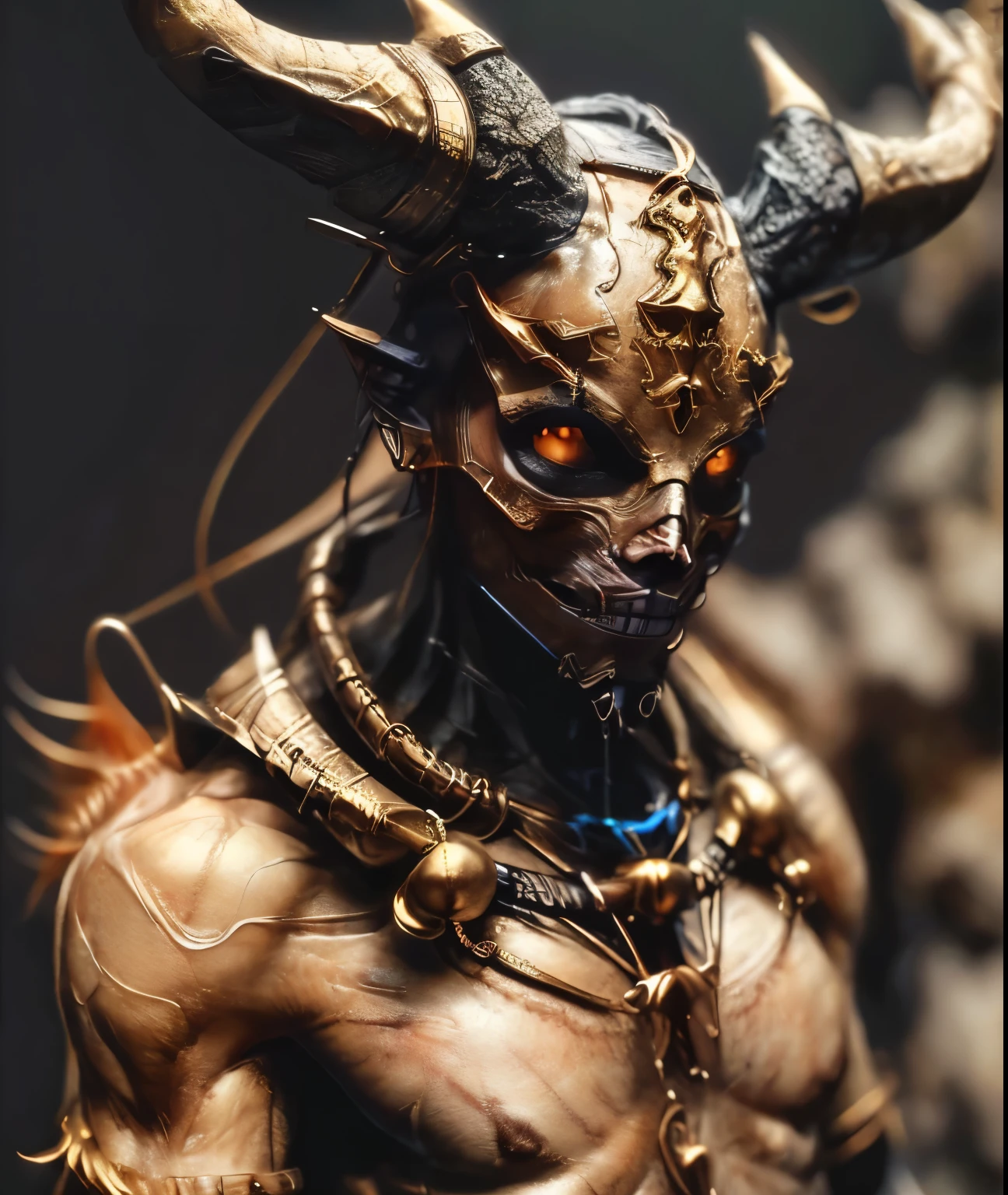 leraie Fantasy portrait of a dark-skinned male with a mole and earrings, medium breasts visible, against a dark background. realistic:1.1, depth of field, atmospheric effects