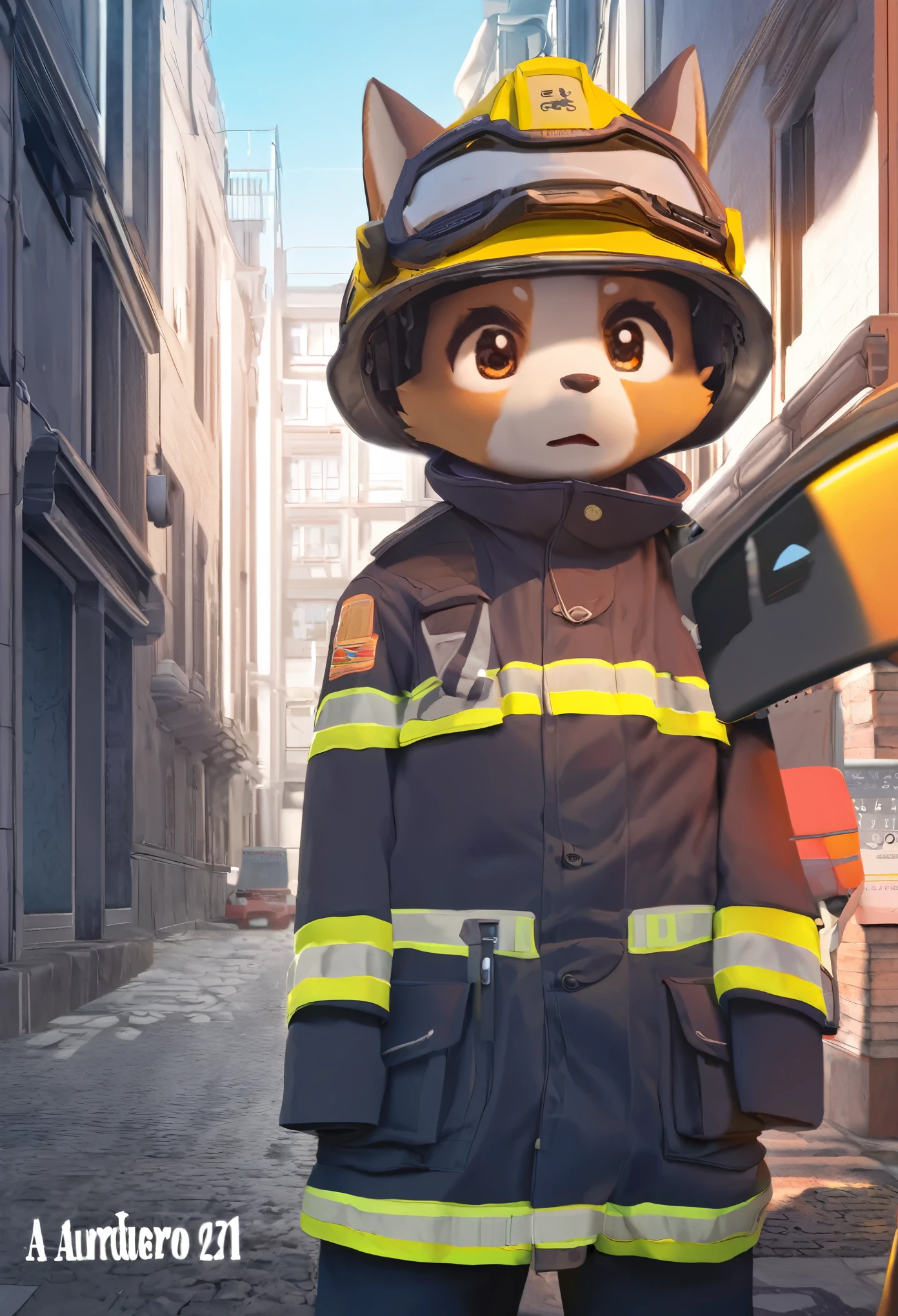 e621 upload, top quality, best quality, highres, masterpiece, super high resolution, detailed background, street, gasping for air(1boy, dog)Firefighter, cover calendar, absurdres, perfect anatomy, good lighting, volumetric lighting, cinematic shadow(kemono, furry anthro),