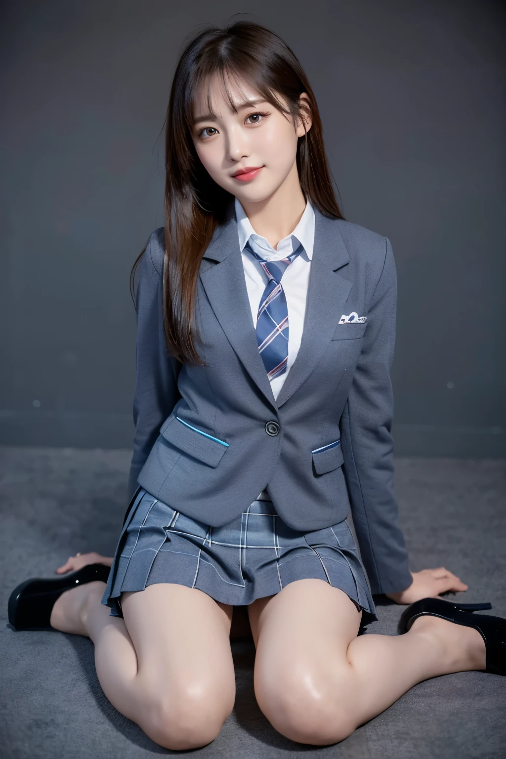 (8k), (highest quality: 1.2), (Realistic), (Realistic: 1.37), Ultra-high resolution, (1 girl), cute, blush,Embarrassed smile, Beautiful details, Beautiful Nose, straight Hair, Giant Dulcefo, pork, Thighs，Self Snap,University Uniforms,(A simple dark blue blazer:1.4),(Pleated skirt:1.2),(The skirt and tie are gray tartan check pattern.:1.3),(Sitting:1), Sit on the ground,(Hold my feet:1),(Shiny legs:1.2),from the front,knees