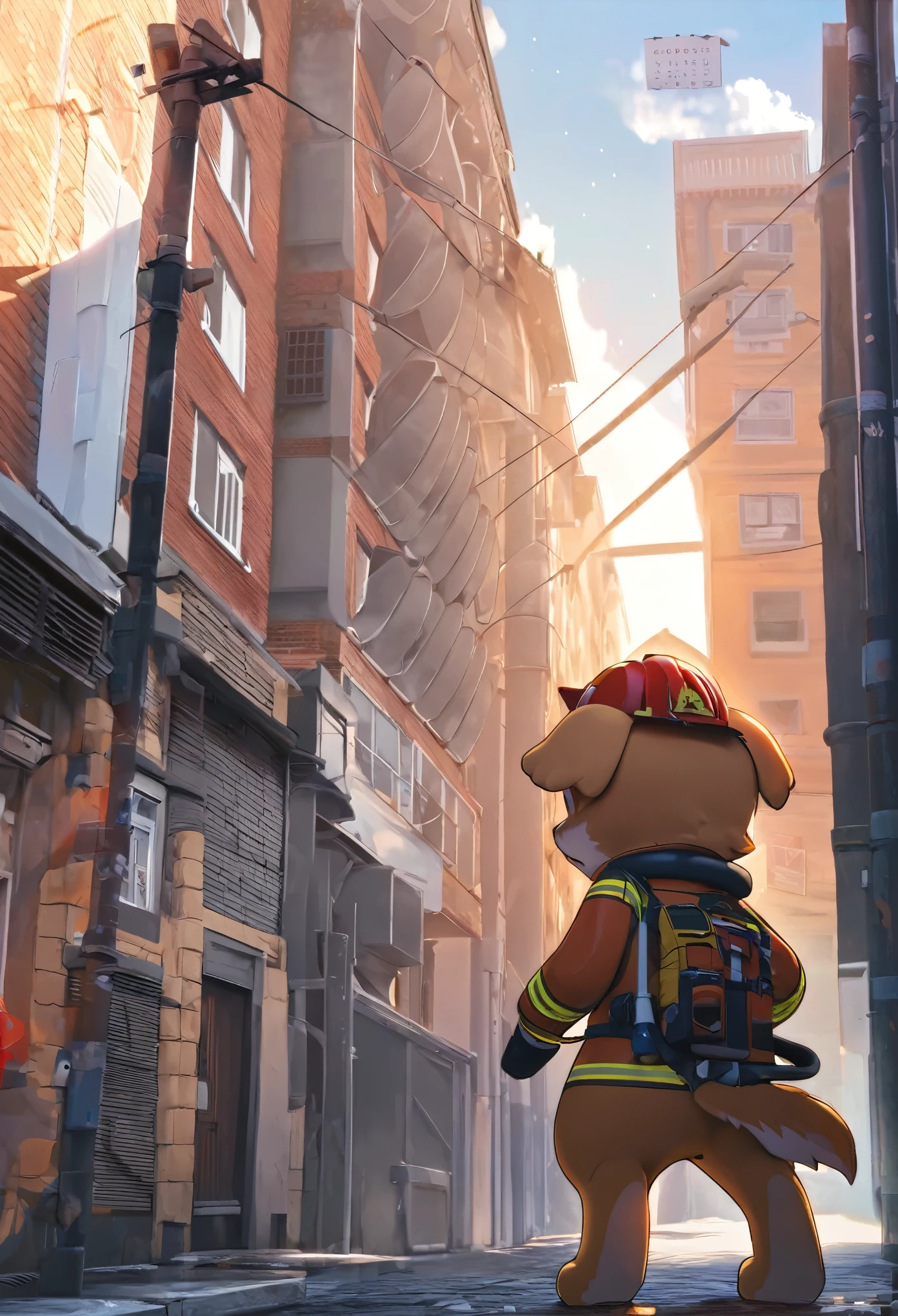 e621 upload, top quality, best quality, highres, masterpiece, super high resolution, detailed background, street, gasping for air(1boy, dog)Firefighter, cover calendar, absurdres, perfect anatomy, good lighting, volumetric lighting, cinematic shadow(kemono, furry anthro),