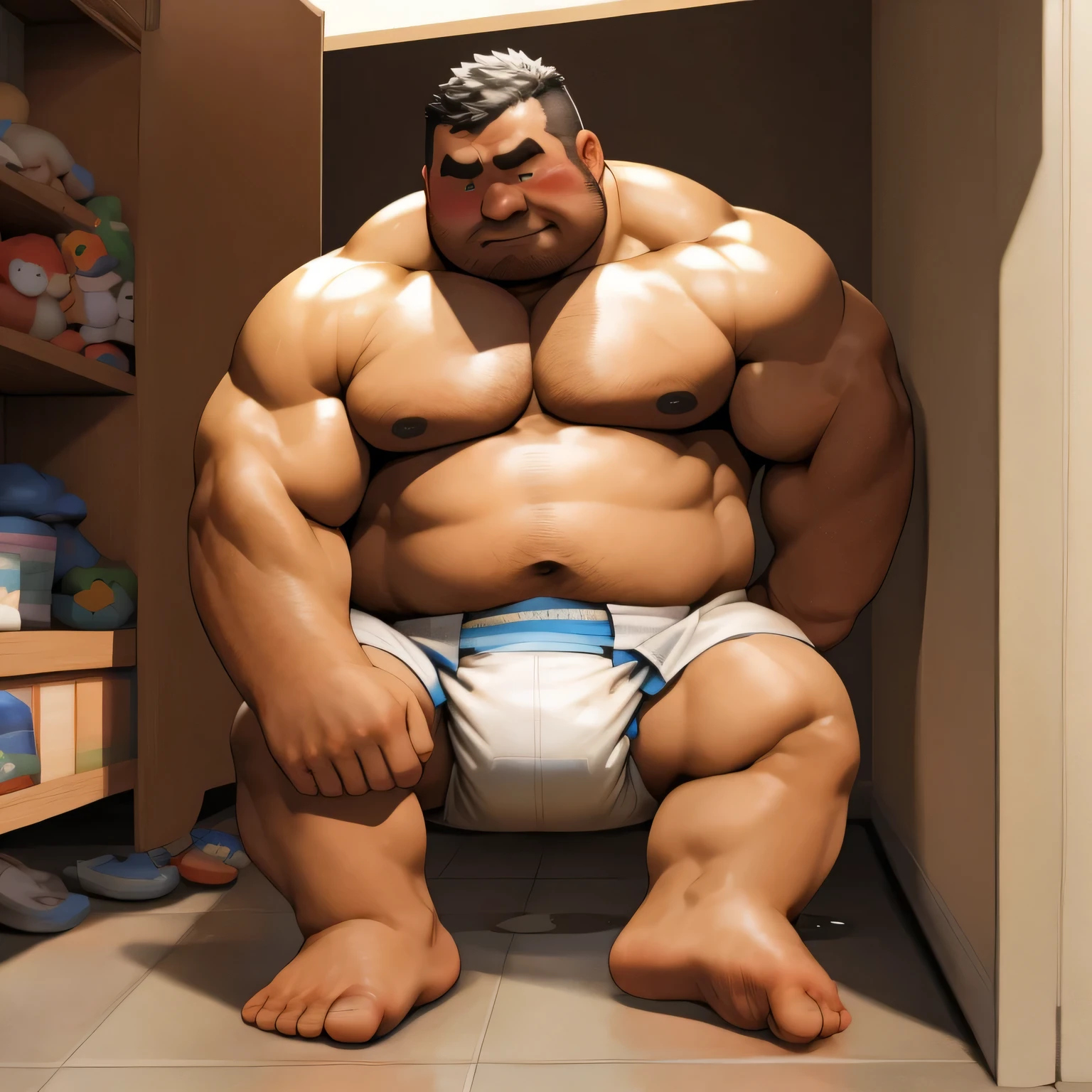 masterpiece, Top quality, in 32K, perfect anatomy, hyper detailed, super fine illustration, The thick man is a brutal prisoner, retarded, hairy, human, 50yo in japan, (fatness: 1.0), Fatty muscle, Bowleg, disappointment, incontinent, be diaper check by children, There is a small puddle under him, Naked, short legs, Bowleg, spread legs, wear a White cloth Diaper, Bare belly, Bare legs, Bare foots, Bare soles, Shirtless, wide forehead and short thinning hair, Man with round face with stubble, Bare foots, Bare soles, shy, sissy, Weaker than children, Drool, Round face, He enters nursery school and is despised by children, He is made to stand attention in the corner of the playroom, corner time, He surrounded by children, Bare foots, big butt, White Diaper, sobbing, There is a small puddle under him