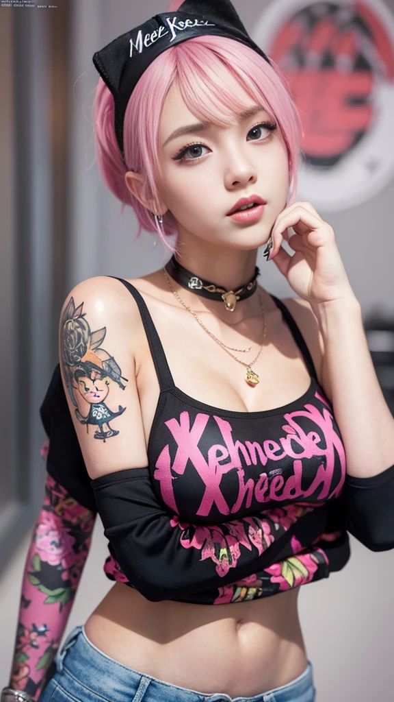 (best quality, 8K, masterpiece: 1.3) Korean streetwear, woman in her 20s, freckles, laugh, dark eyeliner, choker necklace，Fashion Magazine Background，bold pose, pink short hair, hippie style, (huge breasts: 1.4), excessive tattoos, ((mean girls:1.5))