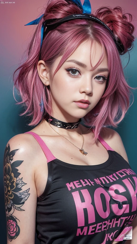 (best quality, 8K, masterpiece: 1.3) Korean streetwear, woman in her 20s, freckles, laugh, dark eyeliner, choker necklace，Fashion Magazine Background，bold pose, pink short hair, hippie style, (huge breasts: 1.4), excessive tattoos, ((mean girls:1.5))