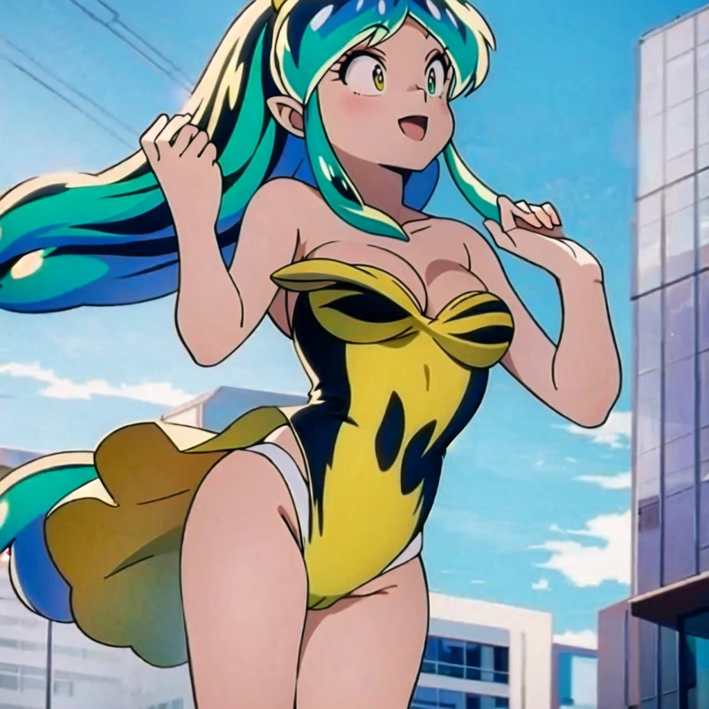 (masterpiece, best quality:1.2), 1girl, solo, Urusei Yatsura dancing on buildings