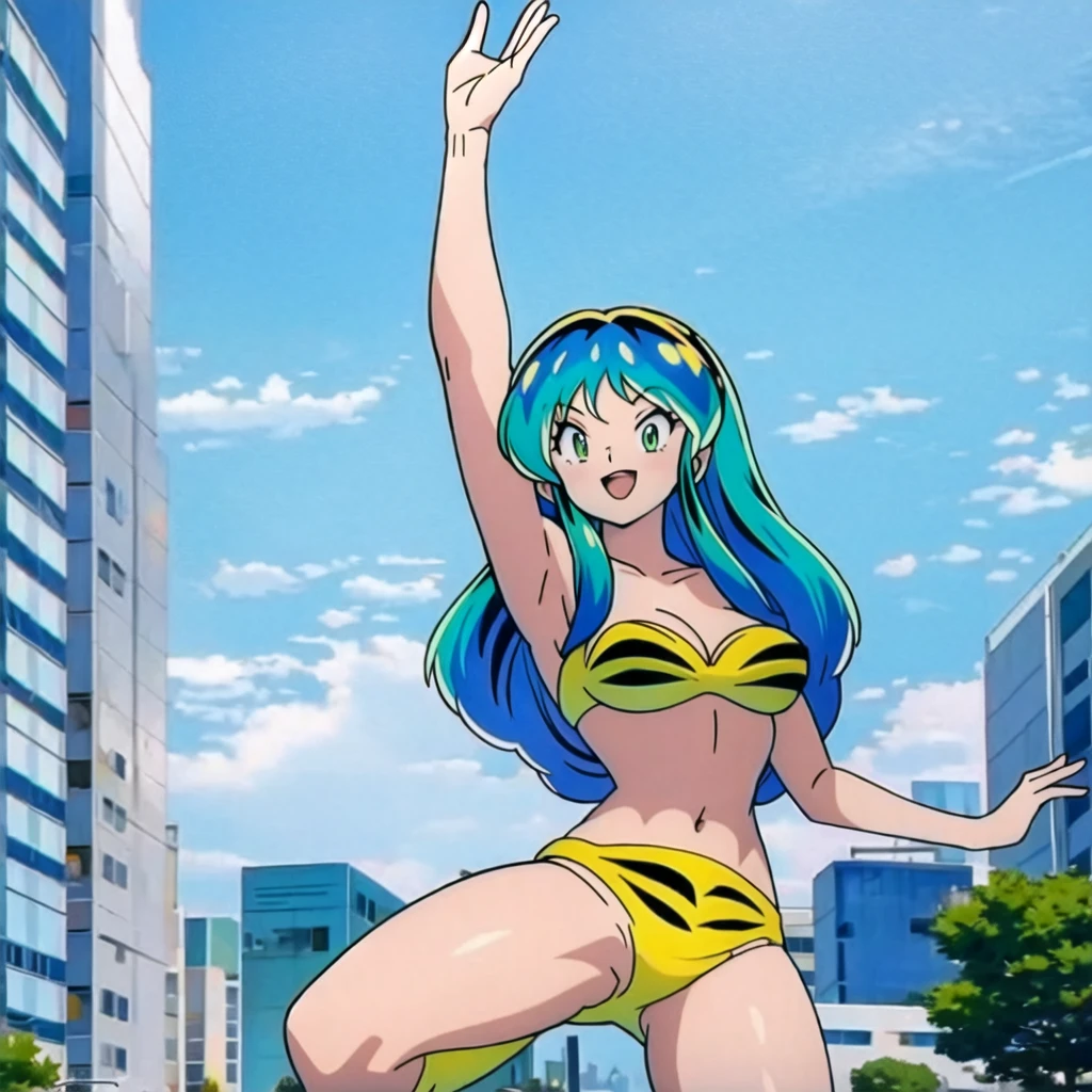 (masterpiece, best quality:1.2), 1girl, solo, Urusei Yatsura dancing on buildings