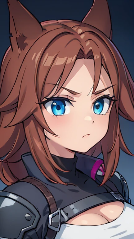 {IMAGEM 8k}, Squall Leonhart (FF8), {female version, Gender Bender}, cabelo longo, nariz empinado, fleshy lips (Vermelho), {olhando diretamente para o espectador}, {virado para a frente}, {Anatomia perfeita}, {imagem focada apenas no rosto}, {retrato de rosto}, Sweet expression, fundo branco