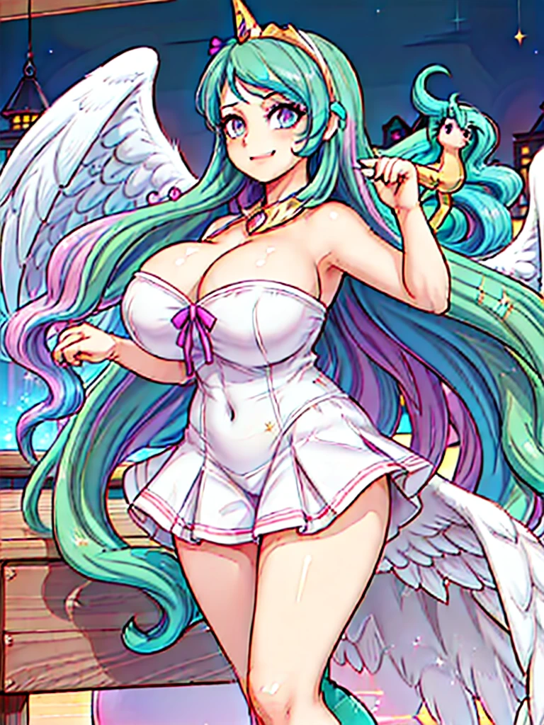 gran calidad ++ Extremely detailed high resolusionolution, very aesthetic, ojos expresivos, (((Cara perfecta))), (((face symmetrical))), ((good anatomy)), (((manos perfectas))), (((8k))), UHD, Fondo de pantalla HD, (((alta calidra detallada, (((((1girl)))))), solamente, Obra maestra, La mejor calidad, high resolusion, Altamente detallado, (illustration), hermosos ojos detallados, ((((cuerpo completo)))), ((((princess celestia)))), (((Gold jewelry on it))), (((gold ornaments on the dress))), (((night with stars))), (((divine wrath))), (((attack with magic))), ((((smile)))), (((((mature female))))), (((Celestia))), (((green hair))), Cabello largo y ondulado, (((strapless tube dresature female))), ((((((gigantic breasts)))))), (((orejas blancas de pony))), (((long dark navy white wavy hair))), ((sided bang)), (((turquoise eyes))), (((turquoise eye shadow))), (((((victorian dress))))), (((((long white and pink wavy dress))))), (((((royal dress))))), (((Dedos detallados))), (((white pegasus wings)))), ((((((White wings)))))), (((cuerno dorado de unicornio))), (((Smile))), (((asymmetrical body))), (((asymmetrical hair))), (((asymmetrical clothes))), Dedos precisos, strange eye,