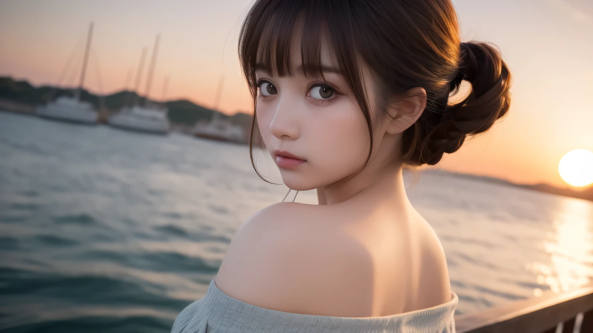 1girl, (kawaii face:1.2), (off-shoulder:1.2), cleavage, (Best Quality:1.4), Realistic, extremely detailed CG unified 8k wallpaper, highly detailed, High-definition raw color photos, professional photography, Realistic portrait, Beautiful detailed, Close up portrait of girl, Outdoors, harbor, sea, Beautiful sunset, illumination, (looking back:1.3), (tears, tears in the eyes:1.2), (Fine face:1.2),