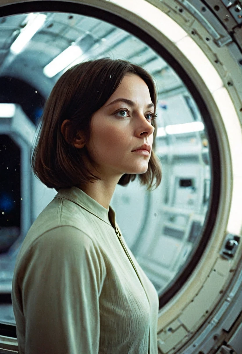 A photograph styled to mirror a 1970s cinema frame, featuring a woman who resembles someone in her youth during the 1970s, akin to Natalja Bondartschuk as Hari in Solaris. The image captures a deeply contemplative and introspective expression, reflective of the mood in Tarkovsky's film. Her gaze is thoughtful, perhaps slightly melancholic, evoking a sense of profound introspection. She has a bob cut, with her hair gently tousled by an unseen breeze. Her attire is simple yet futuristic, resonating with the aesthetic of the Solaris space station. The setting is the minimalist interior of the space station, with expansive windows opening to the cosmos. The photograph employs a 'noctilux 0.95' lens effect for a soft depth of field, and the color grading is distinctly reminiscent of 1970s cinema, adding to the filmic quality of the image.