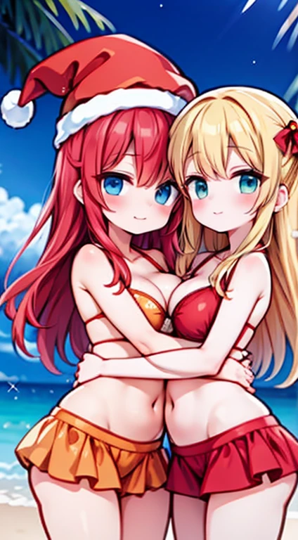 2 mulheres na praia, wearing Santa Claus hats, drinks in hand, they are in two piece bikini swimsuits, happy looking tempting skinship vibes, hugged, no estilo de anime, retratos simplificados e estilizados, soft lighting, brilhante/lustroso