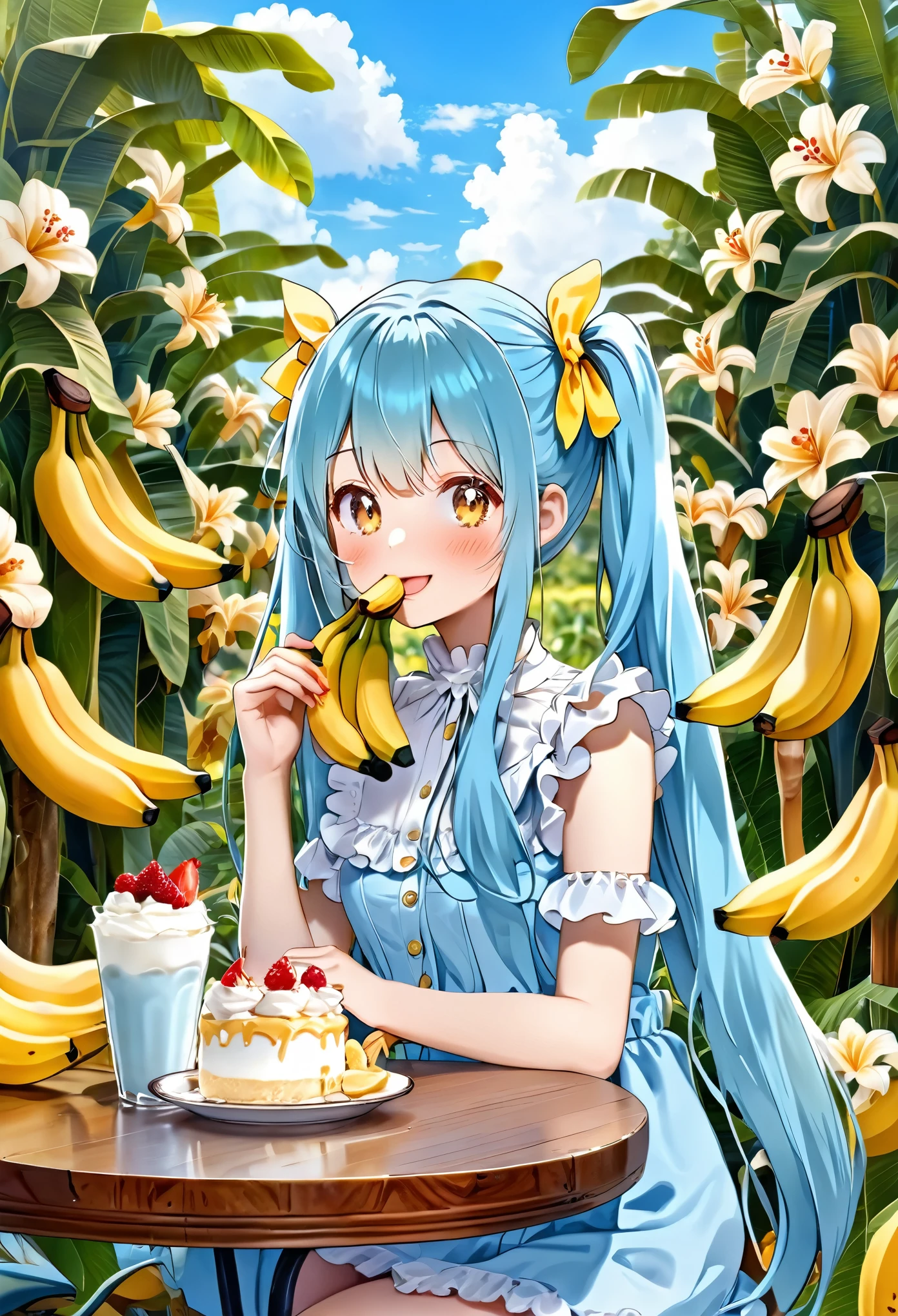 Big big banana parfait　Light blue long hair　Beautiful girl with twin tails　Eating delicious bananas at a cafe in a banana field　The squirrels and rabbits are watching　There are lots of flowers around the cafe