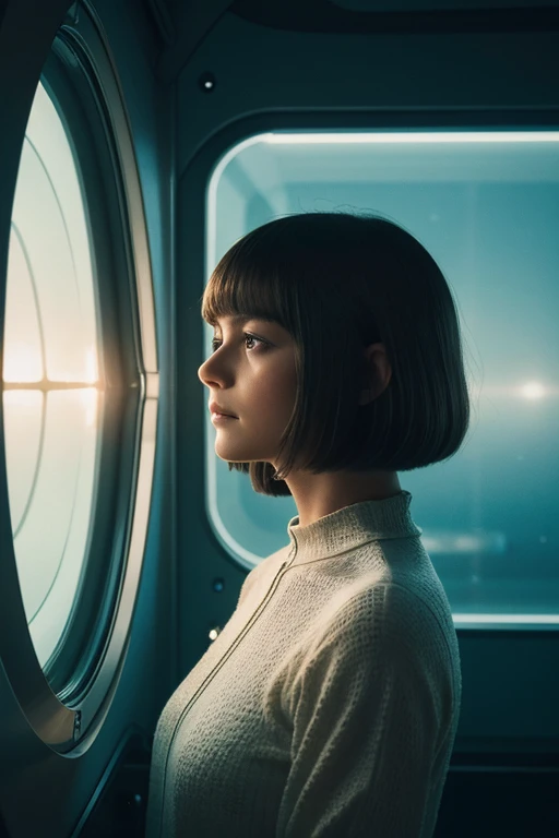 A photograph styled to mirror a 1970s cinema frame, featuring a woman who resembles someone in her youth during the 1970s, akin to Natalja Bondartschuk as Hari in Solaris. The image captures a deeply contemplative and introspective expression, reflective of the mood in Tarkovsky's film. Her gaze is thoughtful, perhaps slightly melancholic, evoking a sense of profound introspection. She has a bob cut, with her hair gently tousled by an unseen breeze. Her attire is simple yet futuristic, resonating with the aesthetic of the Solaris space station. The setting is the minimalist interior of the space station, with expansive windows opening to the cosmos. The photograph employs a 'noctilux 0.95' lens effect for a soft depth of field, and the color grading is distinctly reminiscent of 1970s cinema, adding to the filmic quality of the image.