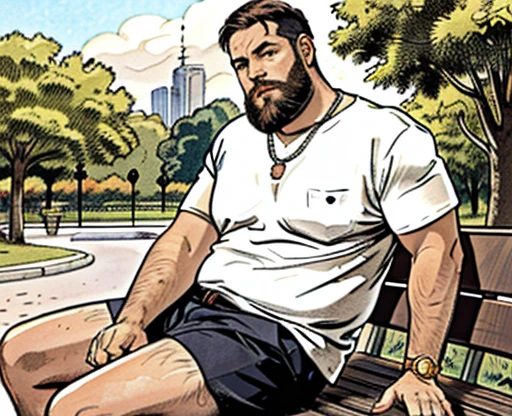 He is sitting with his legs open and resting one arm on the park bench., He is a chubby man, with extremely thick thighs, a large belly, fat, 50 years old, bearded, with a huge beard, wearing an open, unbuttoned plaid t-shirt, usando apenas sunga branca meias pretas, gold chain neck rings, watch on wrist, pulseiras no pulso, fotografia de Corpo completo imagem de corpo inteiro, low side angles. Detailed image dynamic image. He doesn&#39;t wear clothes.