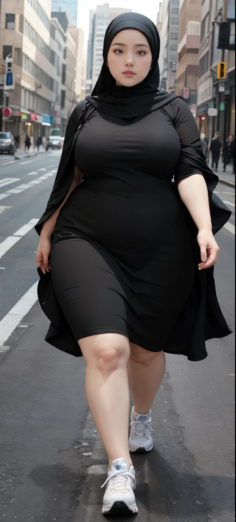 Milky white skin woman in black dress and hijab walking down the street, , hijab outfit, , hijab fashion model, plus size, plus size woman, , woman in black robes, beautiful woman, thicc, black outfit,, bbwchan , white sneakers , Height 170 cm, beautiful woman, with a beautiful appearance, a very beautiful masterpiece, a masterpiece of art, good lighting, Bright colors, Clean lines