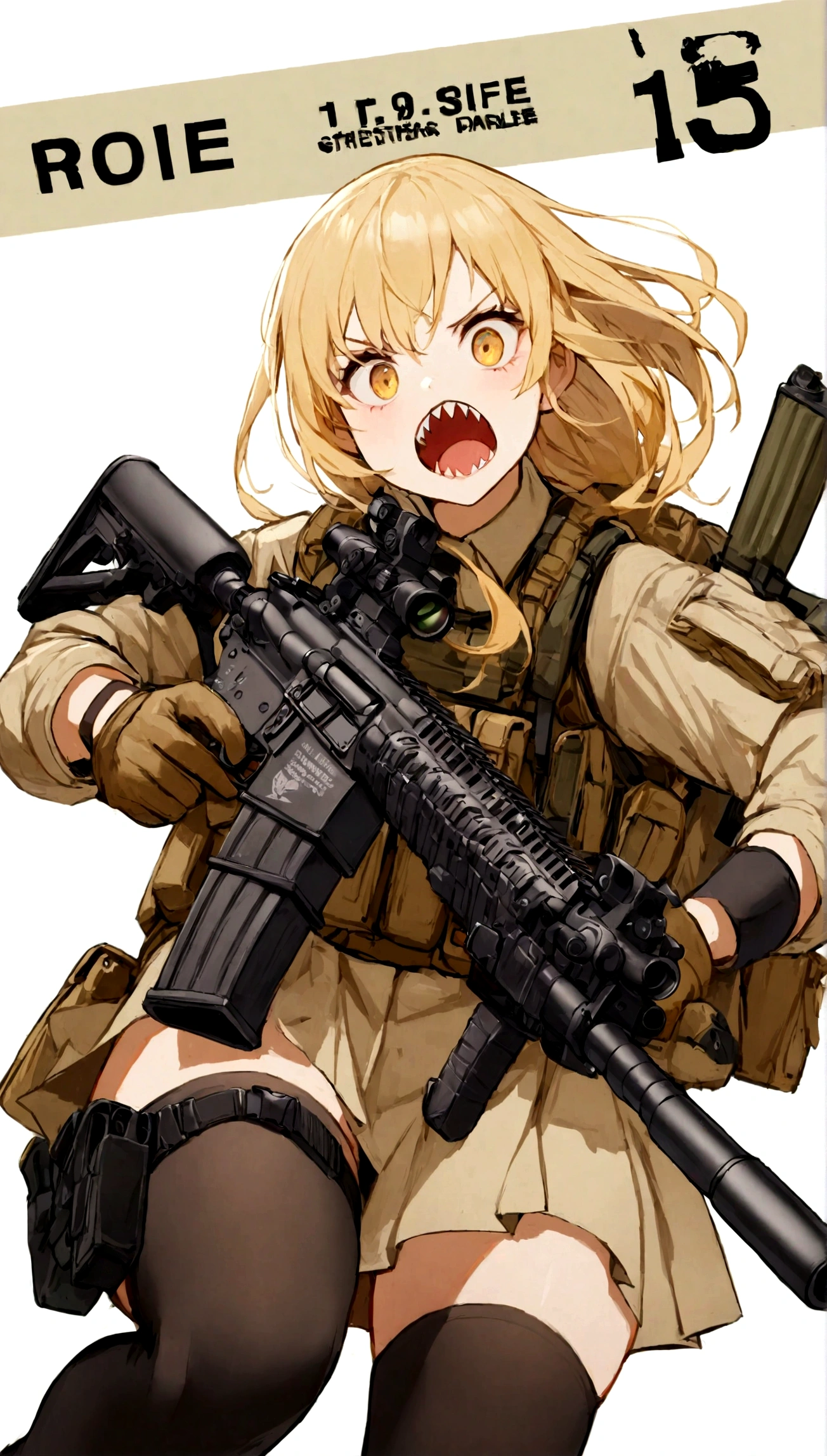 1girl, solo, open mouth, skirt, blonde hair, simple background, thighhighs, gloves, white background, holding, , yellow eyes, weapon, teeth, holding weapon, gun, sharp teeth, holding gun, rifle, assault rifle, holster, trigger discipline, thigh holster, scope, holstered weapon, load bearing vest, ar-15