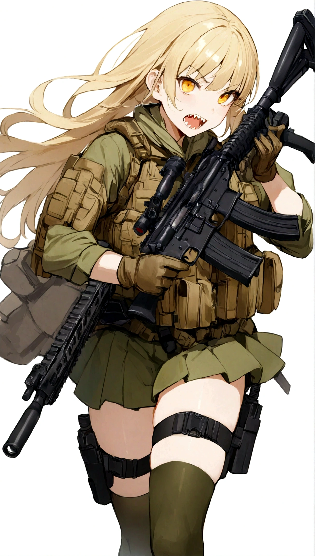 1girl, solo, open mouth, skirt, blonde hair, simple background, thighhighs, gloves, white background, holding, , yellow eyes, weapon, teeth, holding weapon, gun, sharp teeth, holding gun, rifle, assault rifle, holster, trigger discipline, thigh holster, scope, holstered weapon, load bearing vest, ar-15