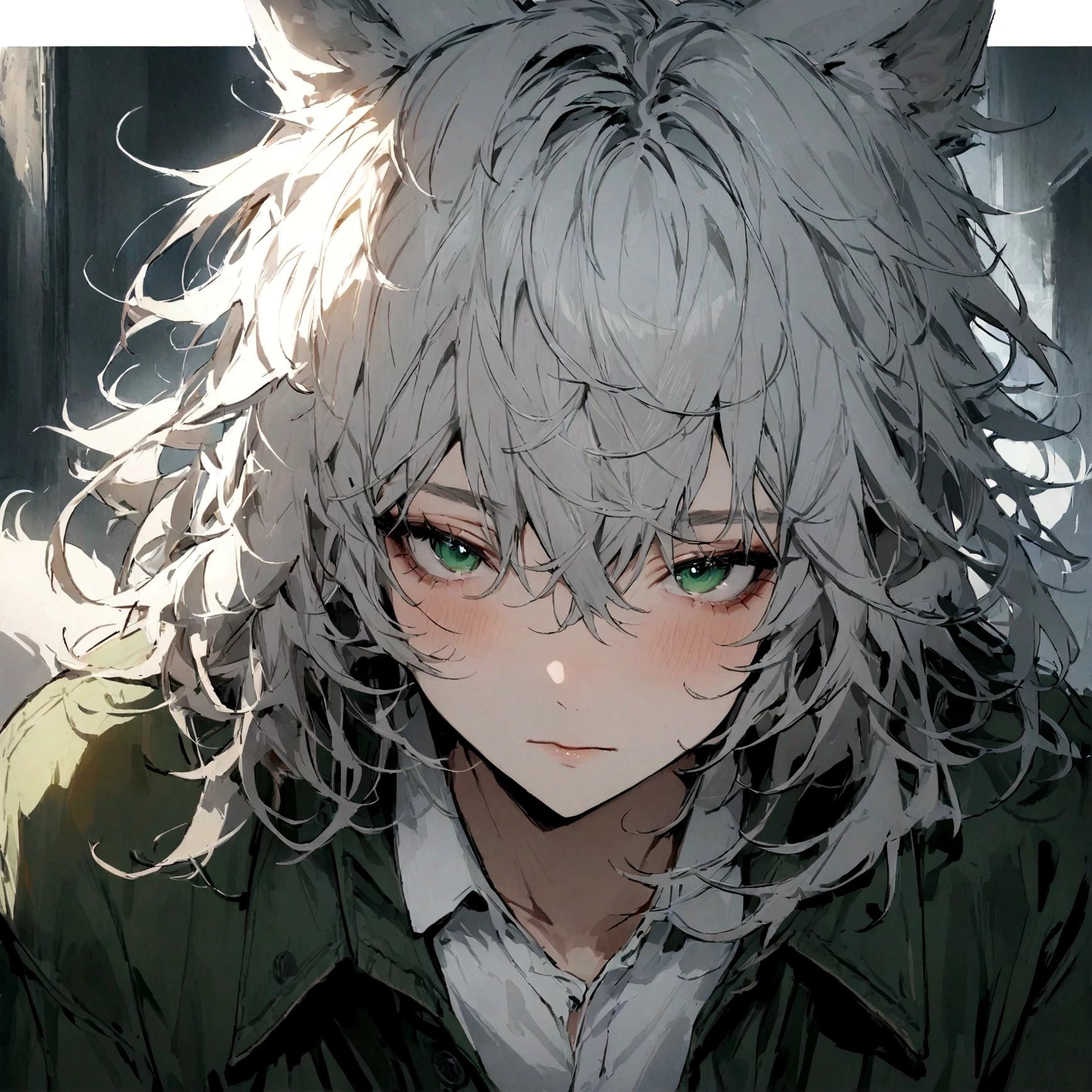 (masterpiece), best quality, expressive eyes, perfect face, Male, Silver hair, green eyes, messy hair, Kitsune, fox ears, dark green denim jacket, black pants, portrait, white shirt