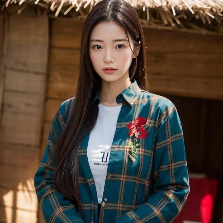 Young Asian woman, 25 years old, beautiful, long hair flowing up. A clear and detailed face, 8k,Wear a red and green and blue plaid shirt., In the open countryside there is a thatched hut with red flowers. Different action poses, Take photos 16k,with a high quality Fujicamera.,45,000,000 pixels