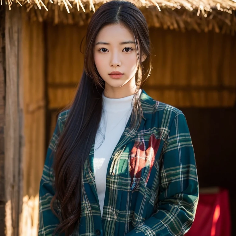 Young Asian woman, 25 years old, beautiful, long hair flowing up. A clear and detailed face, 8k,Wear a red and green and blue plaid shirt., In the open countryside there is a thatched hut with red flowers. Different action poses, Take photos 16k,with a high quality Fujicamera.,45,000,000 pixels