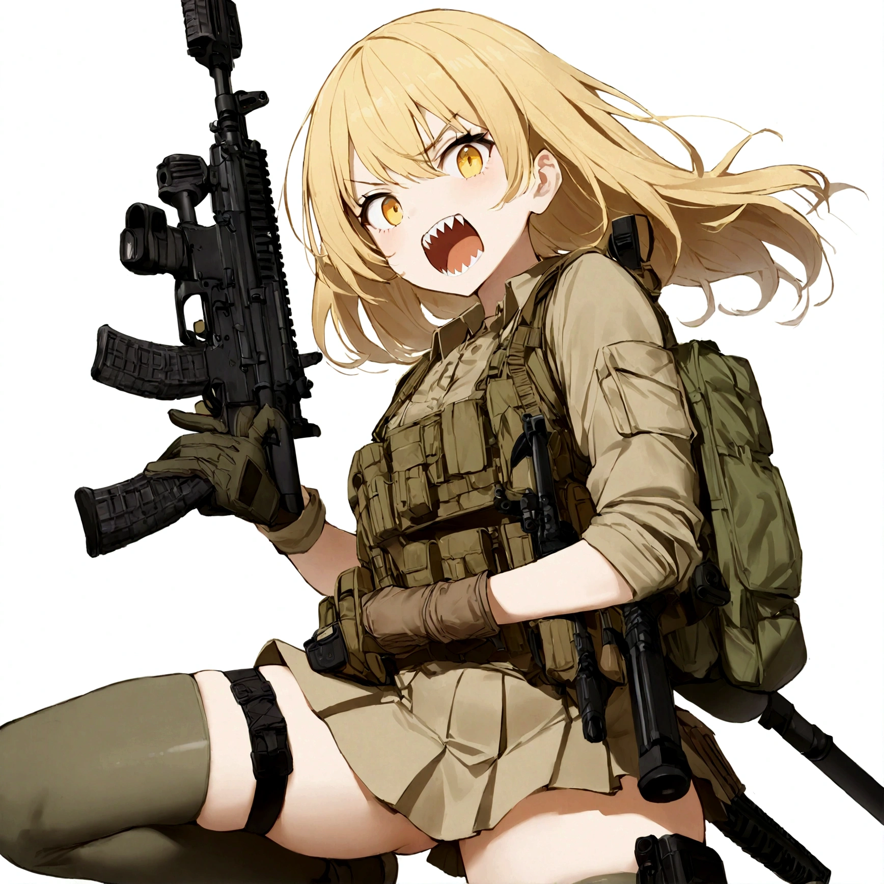 1girl, solo, open mouth, skirt, blonde hair, simple background, thighhighs, gloves, white background, holding, , yellow eyes, weapon, teeth, holding weapon, gun, sharp teeth, holding gun, rifle, assault rifle, holster, trigger discipline, thigh holster, scope, holstered weapon, load bearing vest, ar-15
