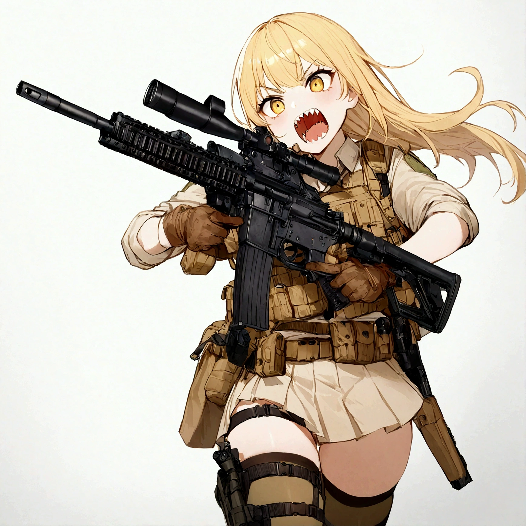 1girl, solo, open mouth, skirt, blonde hair, simple background, thighhighs, gloves, white background, holding, , yellow eyes, weapon, teeth, holding weapon, gun, sharp teeth, holding gun, rifle, assault rifle, holster, trigger discipline, thigh holster, scope, holstered weapon, load bearing vest, ar-15