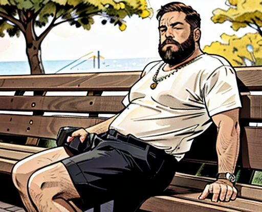 He is sitting with his legs open and resting one arm on the park bench., He is a chubby man, with extremely thick thighs, a large belly, fat, 50 years old, bearded, with a huge beard, wearing an open, unbuttoned plaid t-shirt, usando apenas sunga branca meias pretas, gold chain neck rings, watch on wrist, pulseiras no pulso, fotografia de Corpo completo imagem de corpo inteiro, low side angles. Detailed image dynamic image. He doesn&#39;t wear clothes.