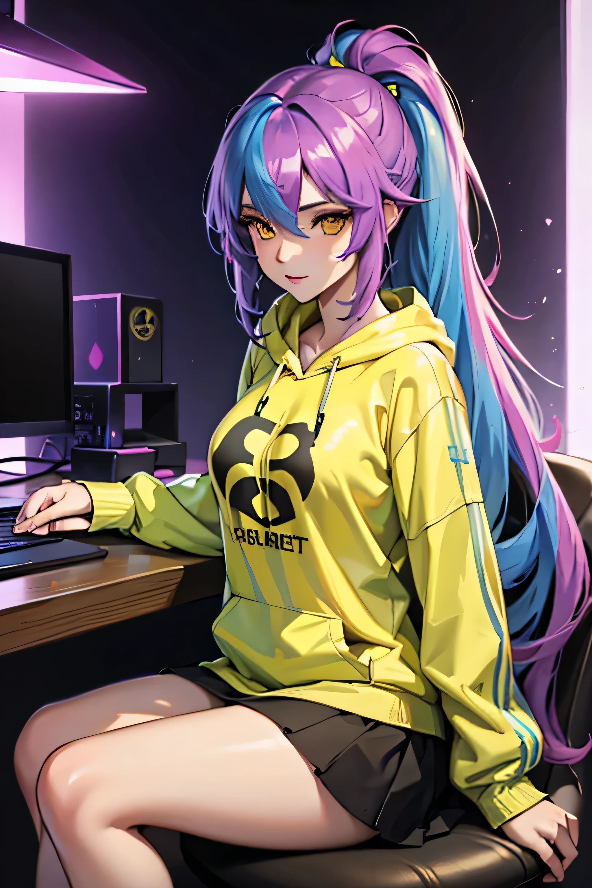 The most beautiful and sexy gamer girl, sitting, playing videogame, rainbow colored hair, yellow eyes, wearing hoodie, graphic t-shirt, skirt and highly detailed gamer gear, highly detailed background, perfect masterpiece, high quality, high resolution