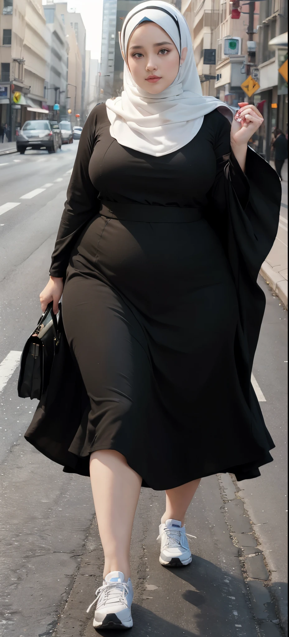Milky white skin woman in black dress and hijab walking down the street, ,  hijab outfit, ,  hijab fashion model, plus size, plus size woman, ,  woman in black robes, beautiful woman, thicc, black outfit,, bbwchan , white sneakers , Height 170 cm, beautiful woman, with a beautiful appearance, a very beautiful masterpiece, a masterpiece of art, good lighting, Bright colors, Clean lines