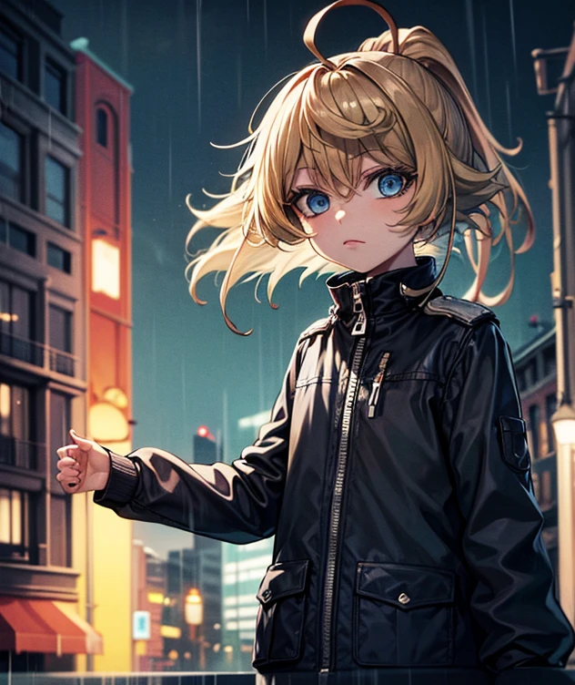 masterpiece:1.2, high quality art:1.1, rain in the night city, melancholic atmosphere, vibrant colours, tanya, add_detail:2