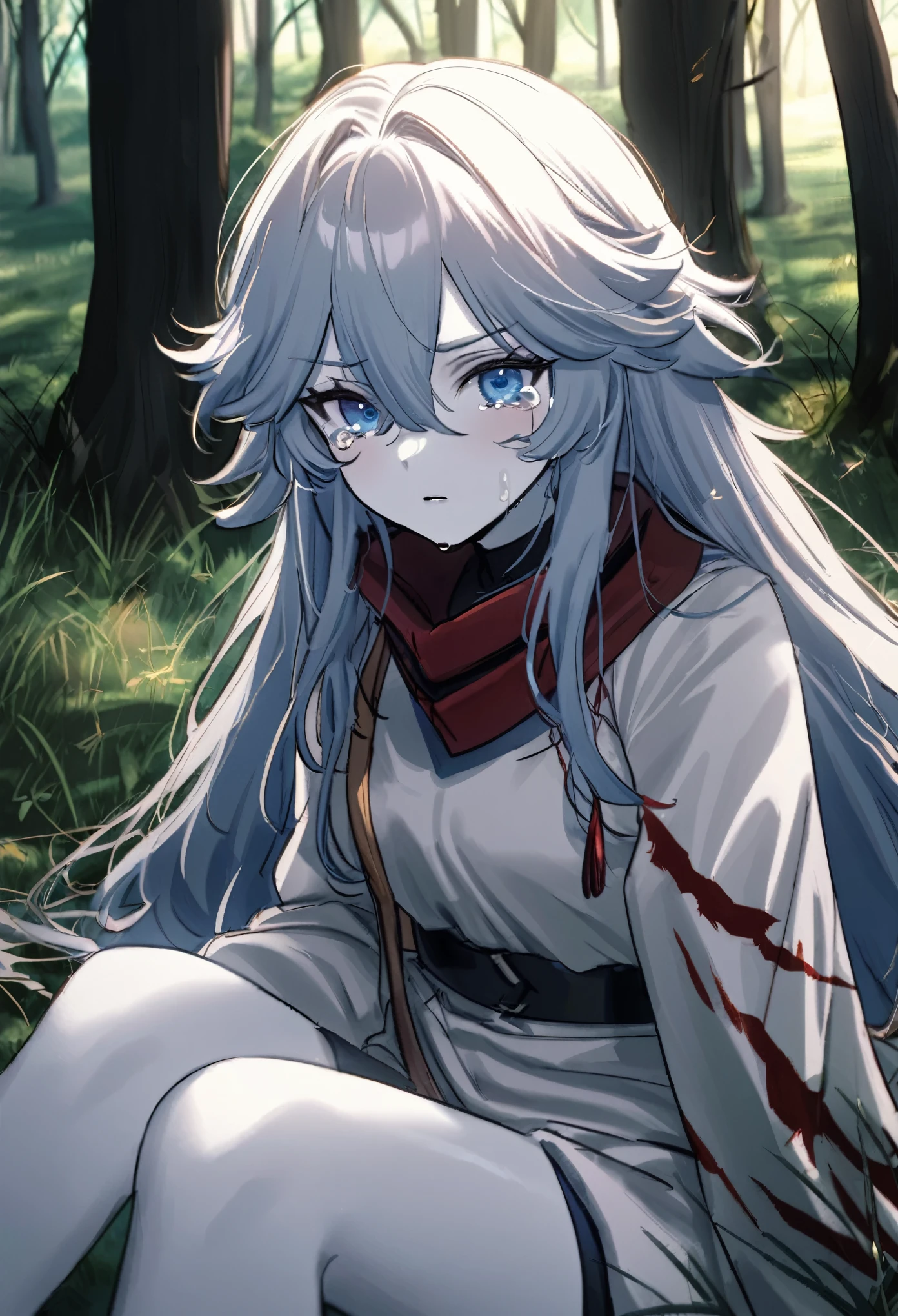 18 year old girl, pelirroja con rizos que llegaban en su cuello, cabello alborotado, white skin and slightly big blue eyes full of tears, delgada, sitting on the grass in a forest with dry trees, alzando una de sus manos llenas de sangre que tiene un collar de una luna
