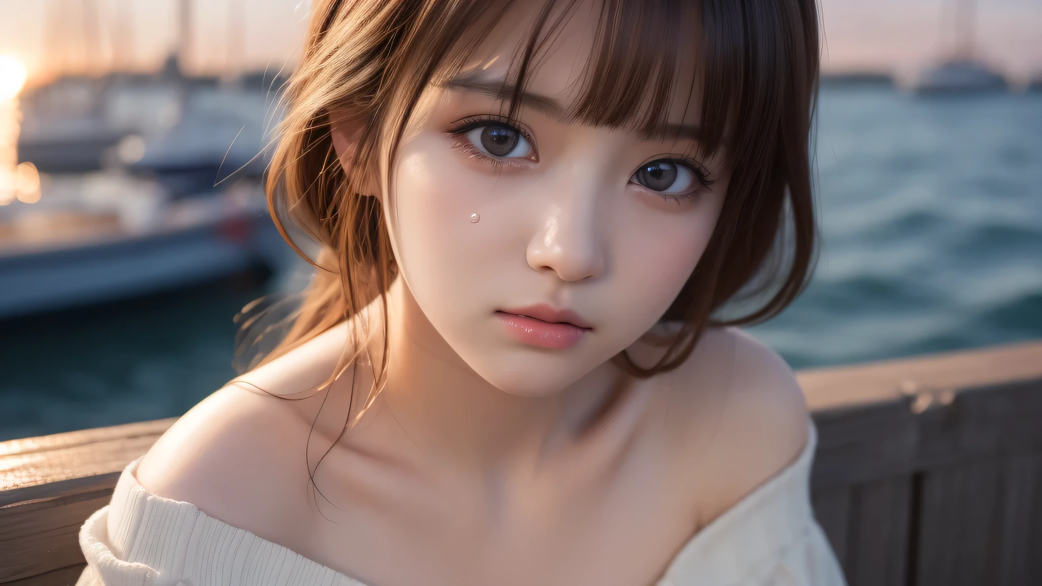 1girl, (kawaii face:1.2), (off-shoulder:1.2), cleavage, (Best Quality:1.4), Realistic, extremely detailed CG unified 8k wallpaper, highly detailed, High-definition raw color photos, professional photography, Realistic portrait, Beautiful detailed, Close up portrait of girl, Outdoors, harbor, sea, Beautiful sunset, illumination, (tears, tears in the eyes), (Fine face:1.2),