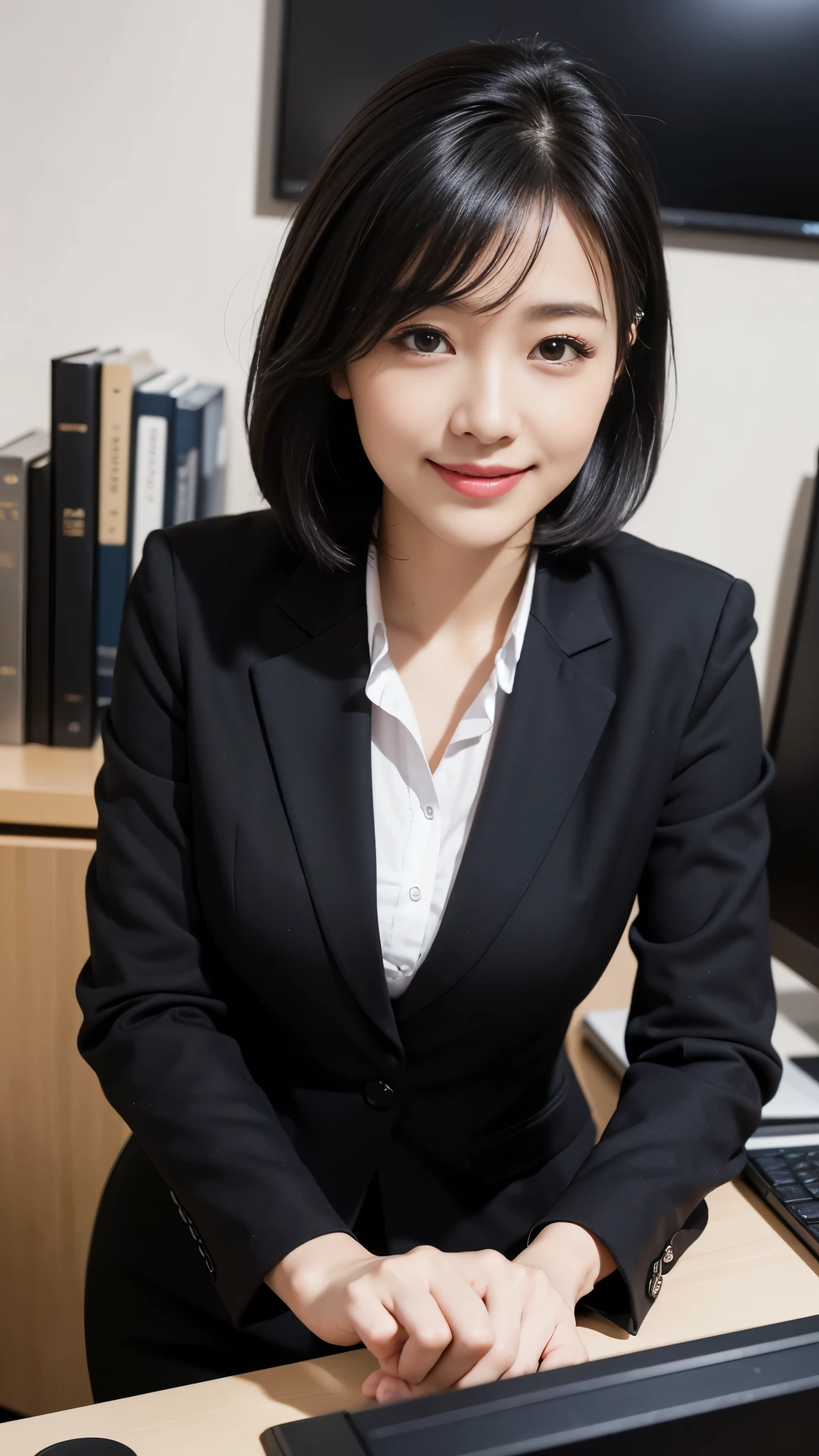 (dramatic angle)(Ultra high definition)(masterpiece)(Textured skin)(Very detailed)(high quality)(最high quality)(First Person View)(16k )Office Lady,1 person,Cute woman,,Black Hair,smile,