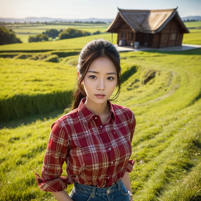 Young Asian woman, 25 years old, beautiful, long hair flowing up. A clear and detailed face, 8k,Wear a red and green and blue plaid shirt., In the open countryside there is a thatched hut with red flowers. Different action poses, Take photos 16k,with a high quality Fujicamera.,45,000,000 pixels