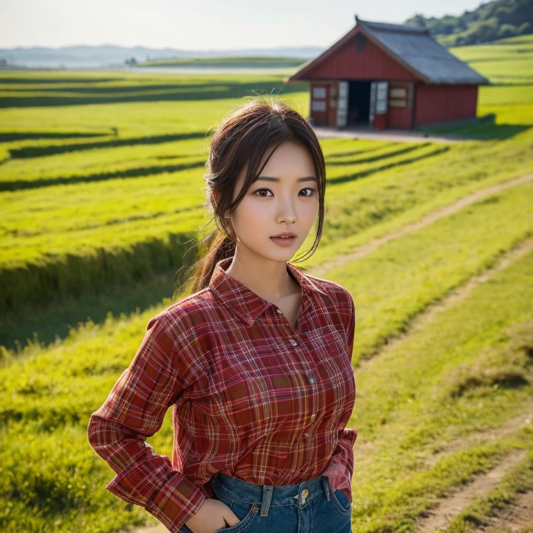 Young Asian woman, 25 years old, beautiful, long hair flowing up. A clear and detailed face, 8k,Wear a red and green and blue plaid shirt., In the open countryside there is a thatched hut with red flowers. Different action poses, Take photos 16k,with a high quality Fujicamera.,45,000,000 pixels
