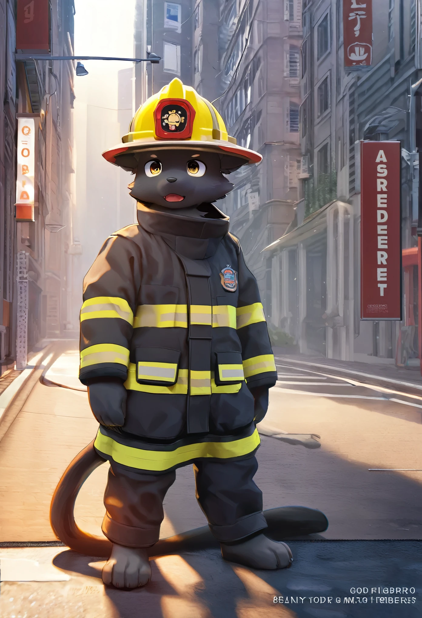 e621 upload, top quality, best quality, highres, masterpiece, super high resolution, detailed background, street, gasping for air(1boy, dog)Firefighter, cover calendar, absurdres, perfect anatomy, good lighting, volumetric lighting, cinematic shadow(kemono, furry anthro),