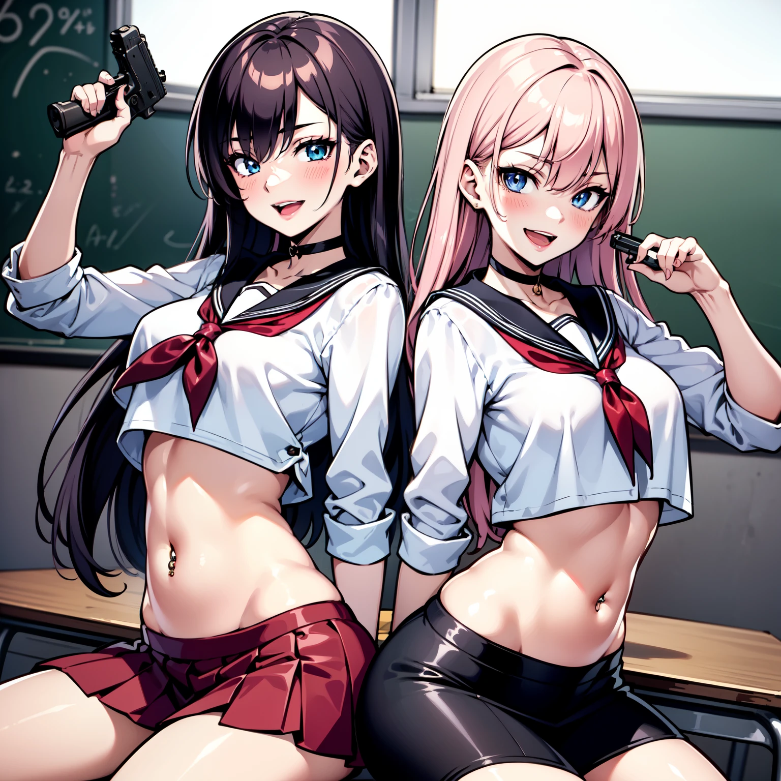 ,retro artstyle, two girls, 2girl, medium breasts , long hair, blush, lipstick, jewelry, earrings, Hot girl, baddie, mean girl, sensual, attractive, masterpiece, best quality, highly detailed, a anime girls in sailor uniforms with a gun posing for a picture,
evil smile, smile, open mouth,black_serafuku, ecchi anime style, anime girls , (nsfw) not safe for work,
ecchi style, ecchi, shipgirls, digital anime art!!, high school girls, holding a gun, hold a gun, anime style 4
k, micro skirt, exposed belly, exposed navel, exposed midriff, holding pistol,underboob,
exposed lower belly,school, classroom, navel piercing