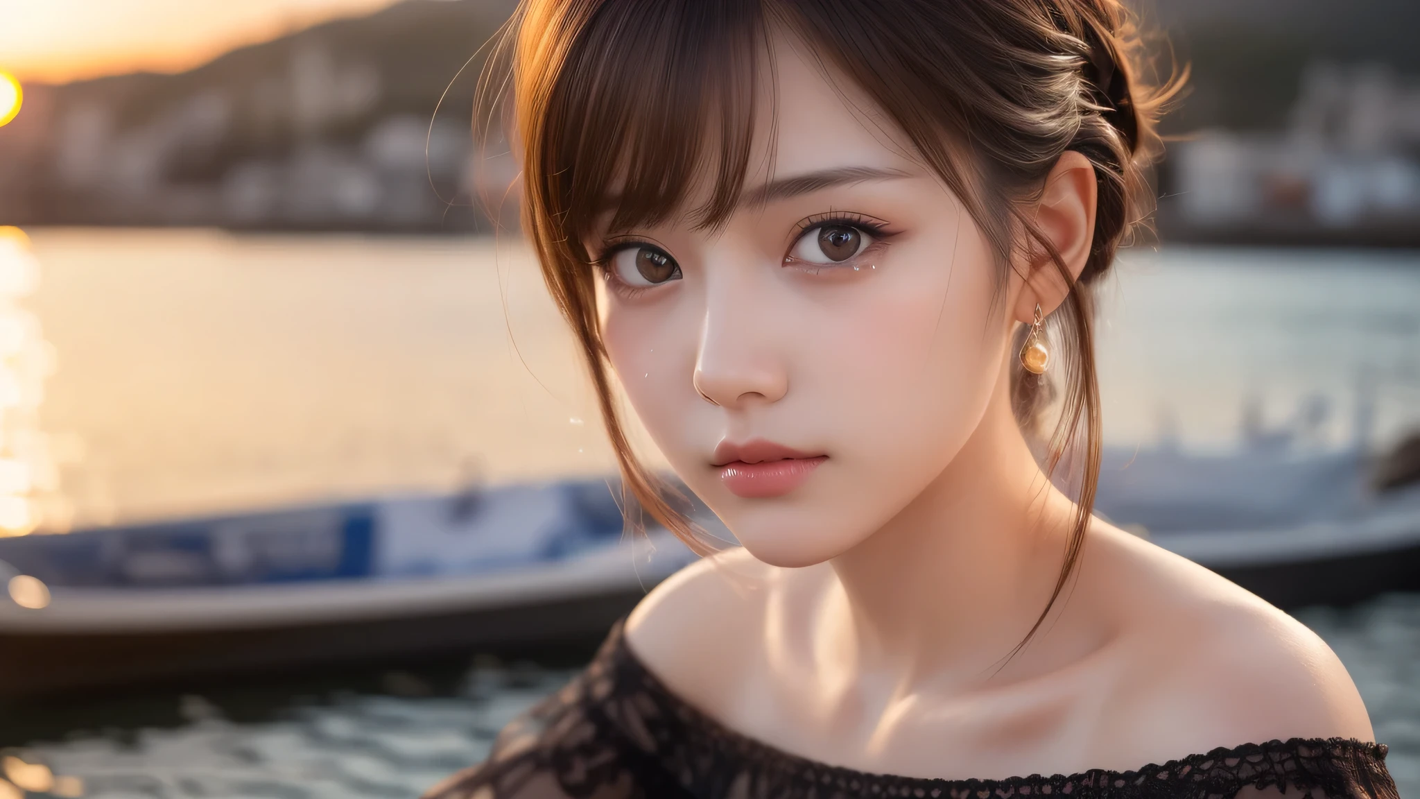 1girl, (kawaii face:1.2), (off-shoulder:1.2), cleavage, (Best Quality:1.4), Realistic, extremely detailed CG unified 8k wallpaper, highly detailed, High-definition raw color photos, professional photography, Realistic portrait, Beautiful detailed, Close up portrait of girl, Outdoors, harbor, sea, Beautiful sunset, illumination, (tears, tears in the eyes), (Fine face:1.2),
