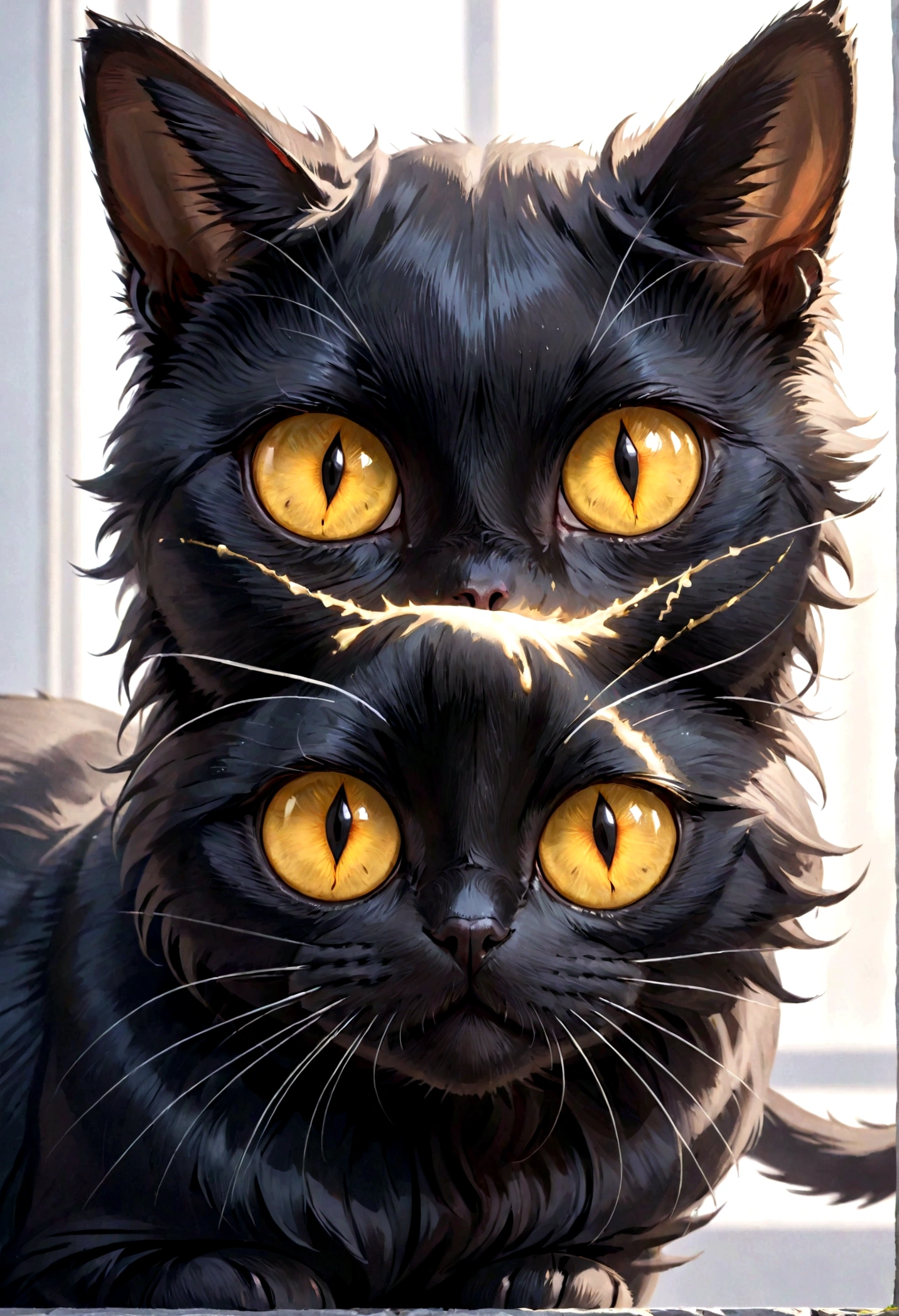 The image features a close-up of a black cat with large, yellow eyes. The cat appears to be looking directly at the camera, capturing the viewer's attention. The cat's eyes are wide open, giving it a curious and alert expression. The cat's fur is black, and its eyes are the most prominent feature in the image.