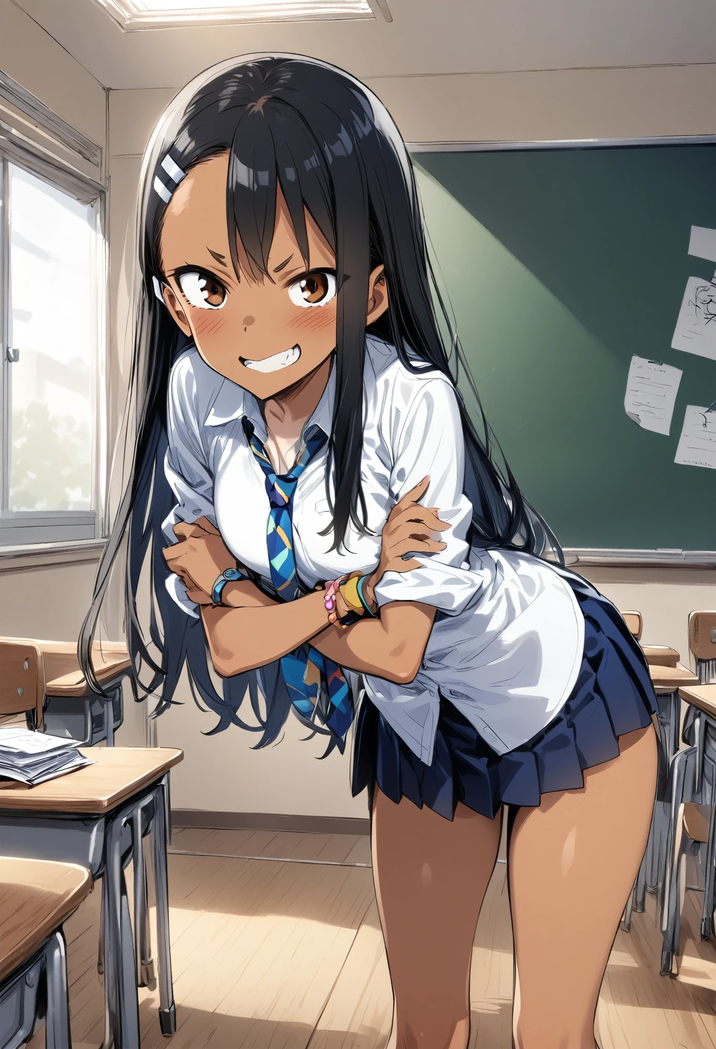 1 girl:nagatoro_hayase, brown eyes, black hair, long hair, dark skin, dark-skinned female, tan, tanlines, hairclip, , white shirt, collared shirt, pleated skirt,A mischievous girl with a sly grin, standing in a school classroom. She has sharp, narrow eyes giving a teasing look, and her eyebrows are raised in a playful manner. She wears a  with a playful twist: a colorful tie, funky socks, and a few quirky accessories like bracelets and hair clips. Her arms are crossed, and she’s leaning slightly forward, one leg slightly ahead of the other, as if she’s about to make a witty remark. The classroom background includes desks, a blackboard with some doodles, and a few scattered papers on the floor.